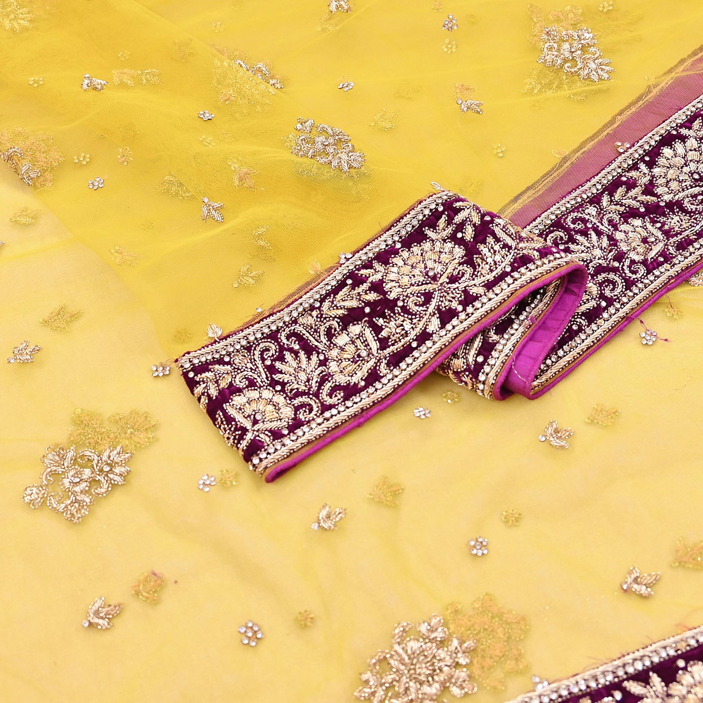 Indian Vintage Heavy Yellow Dupatta Net Mesh Long Stole Hand Embroidered Scarves Glass Beaded Golden Sequins Wedding/ Bridal Veil Hijab