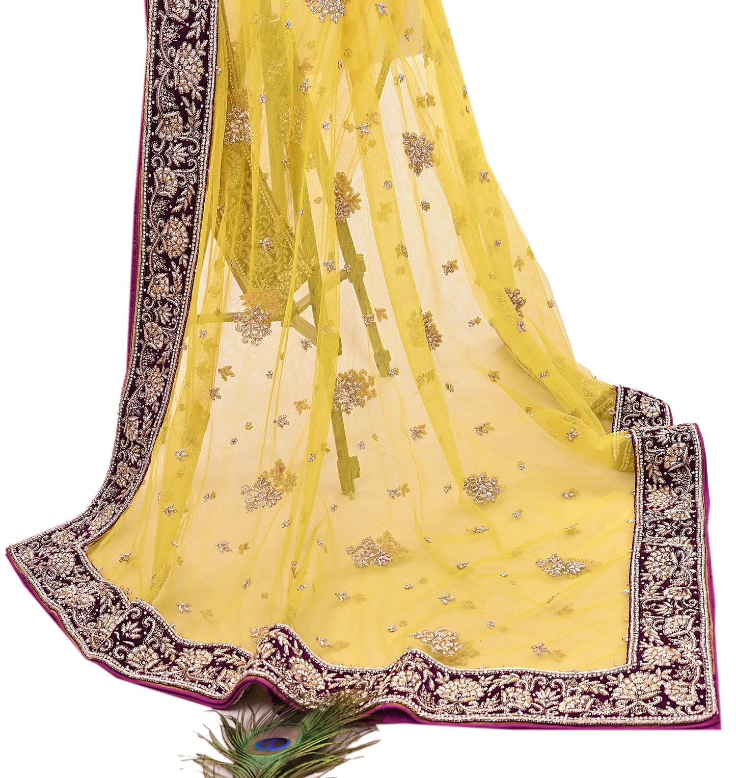 Indian Vintage Heavy Yellow Dupatta Net Mesh Long Stole Hand Embroidered Scarves Glass Beaded Golden Sequins Wedding/ Bridal Veil Hijab