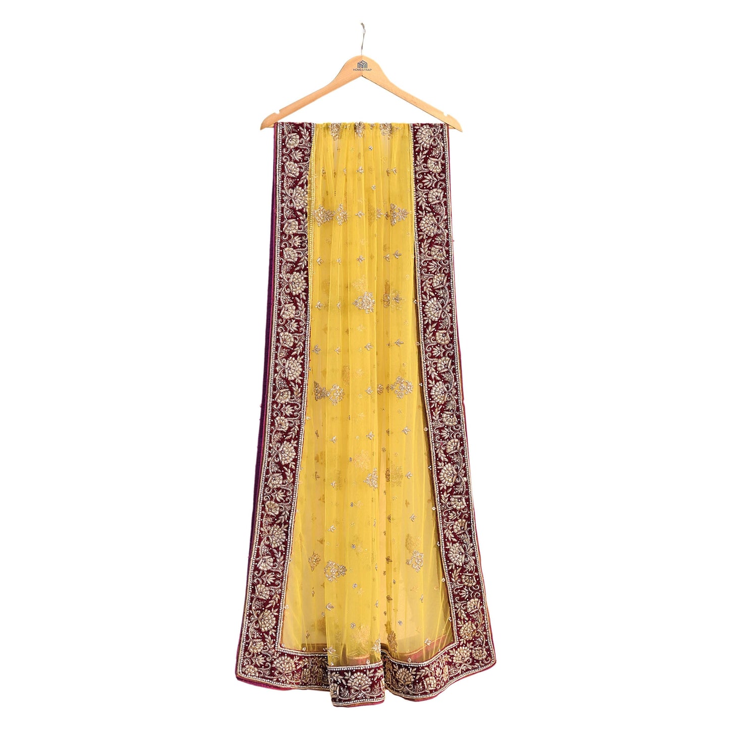 Indian Vintage Heavy Yellow Dupatta Net Mesh Long Stole Hand Embroidered Scarves Glass Beaded Golden Sequins Wedding/ Bridal Veil Hijab
