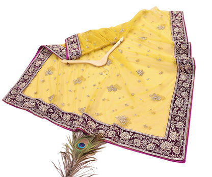 Indian Vintage Heavy Yellow Dupatta Net Mesh Long Stole Hand Embroidered Scarves Glass Beaded Golden Sequins Wedding/ Bridal Veil Hijab