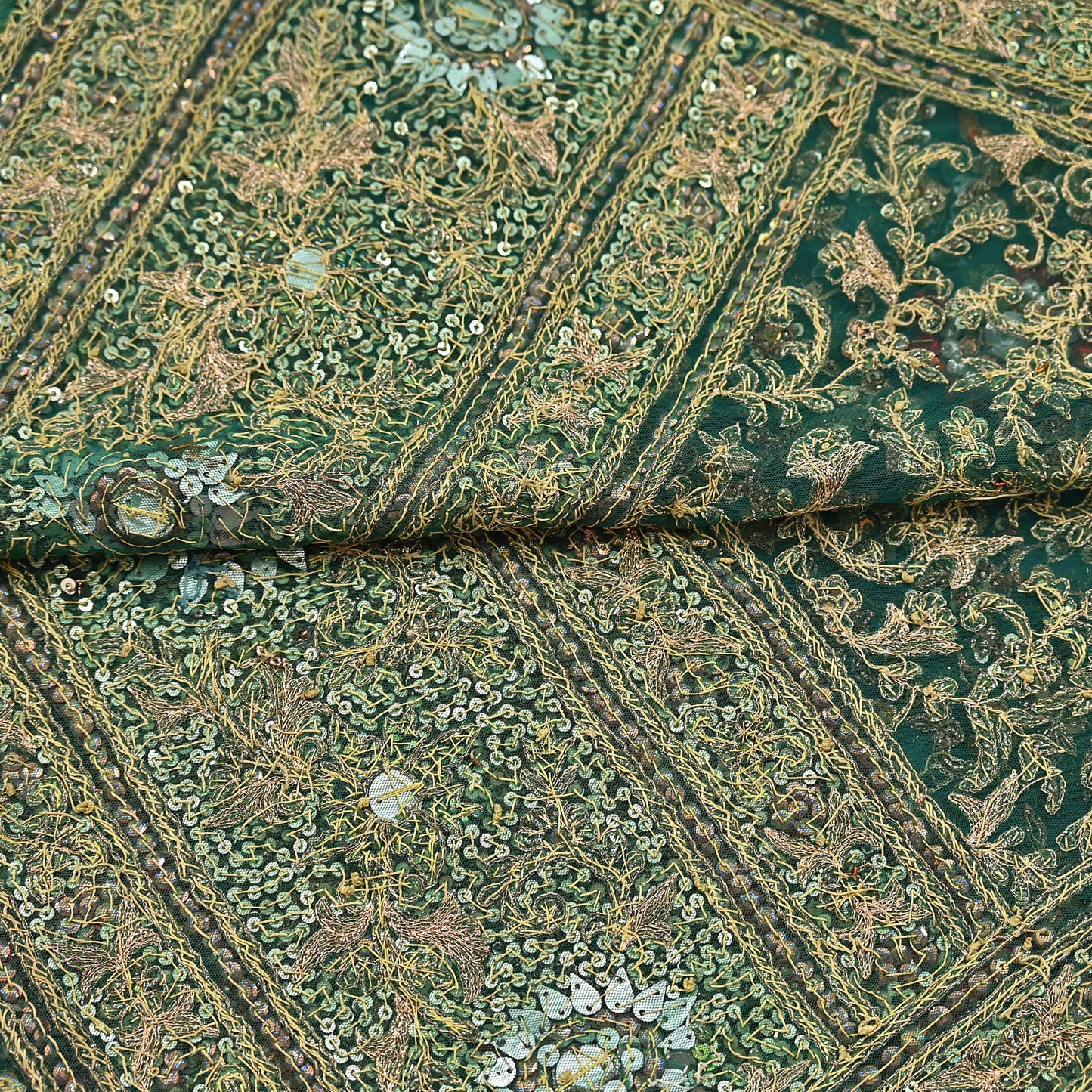 Indian Vintage Heavy Dupatta Green Net Mesh Long Stole Hand Embroidered Scarves Sequins Glass Bead Wedding veil Wrap Boho