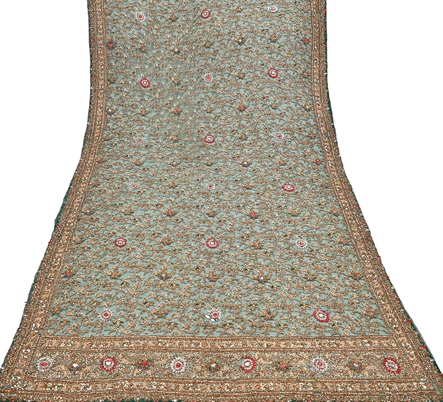 Indian Vintage Heavy Dupatta Green Net Mesh Long Stole Hand Embroidered Scarves Sequins Glass Bead Wedding veil Wrap Boho