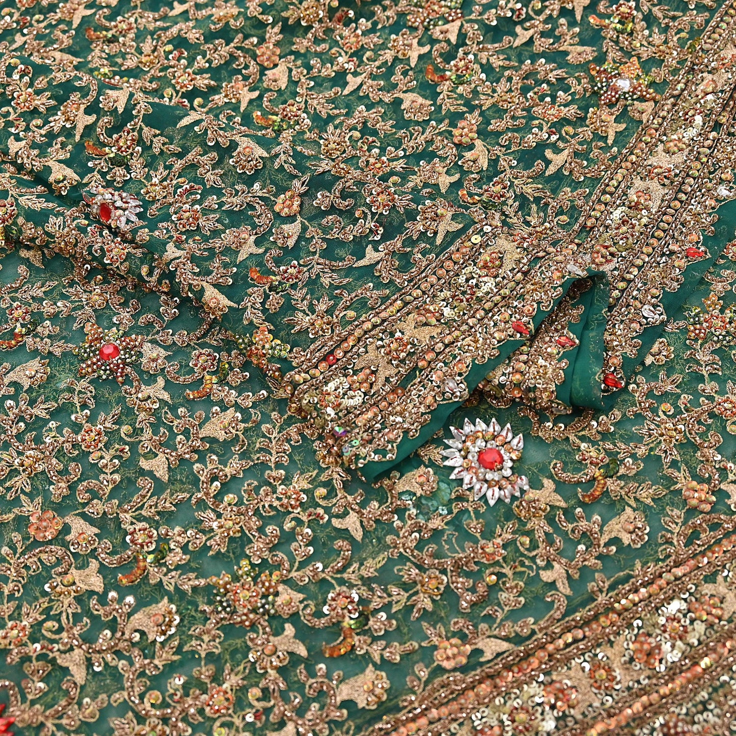 Indian Vintage Heavy Dupatta Green Net Mesh Long Stole Hand Embroidered Scarves Sequins Glass Bead Wedding veil Wrap Boho
