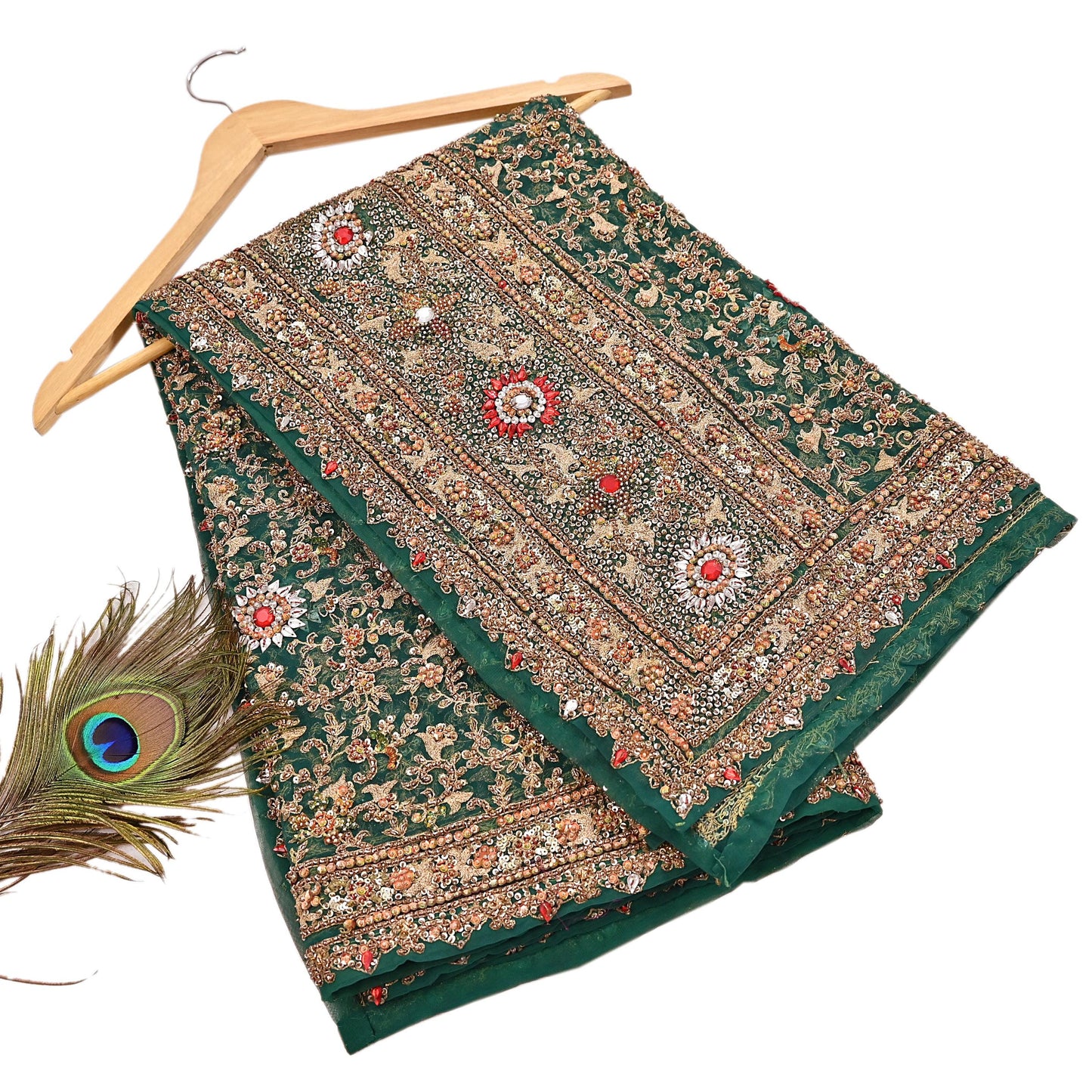 Indian Vintage Heavy Dupatta Green Net Mesh Long Stole Hand Embroidered Scarves Sequins Glass Bead Wedding veil Wrap Boho
