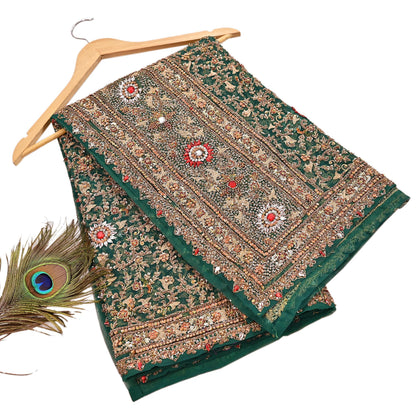 Indian Vintage Heavy Dupatta Green Net Mesh Long Stole Hand Embroidered Scarves Sequins Glass Bead Wedding veil Wrap Boho