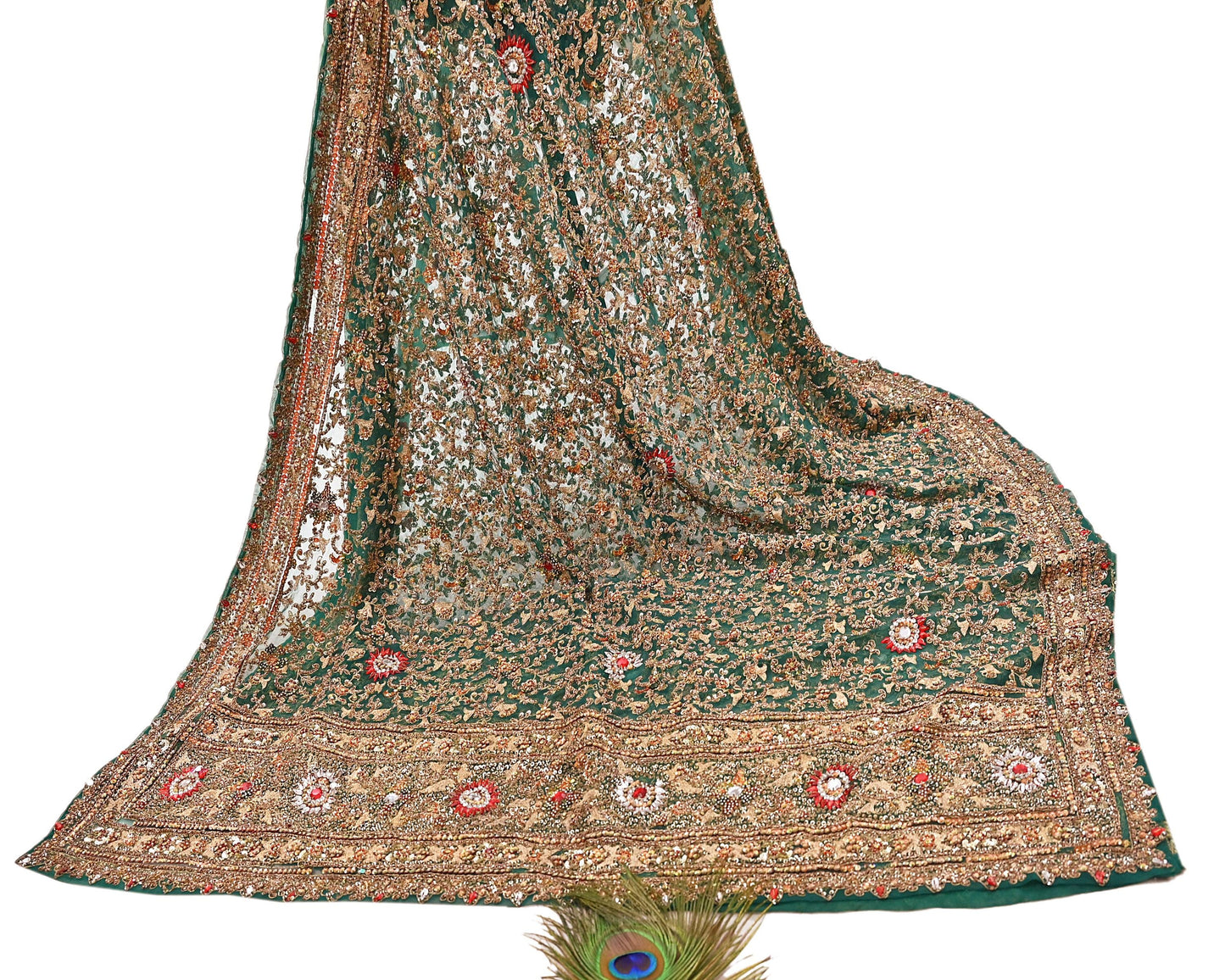 Indian Vintage Heavy Dupatta Green Net Mesh Long Stole Hand Embroidered Scarves Sequins Glass Bead Wedding veil Wrap Boho