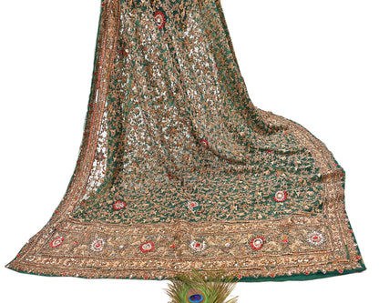 Indian Vintage Heavy Dupatta Green Net Mesh Long Stole Hand Embroidered Scarves Sequins Glass Bead Wedding veil Wrap Boho