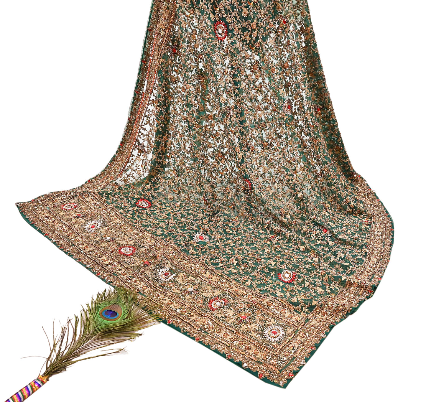 Indian Vintage Heavy Dupatta Green Net Mesh Long Stole Hand Embroidered Scarves Sequins Glass Bead Wedding veil Wrap Boho