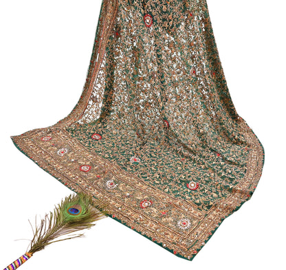 Indian Vintage Heavy Dupatta Green Net Mesh Long Stole Hand Embroidered Scarves Sequins Glass Bead Wedding veil Wrap Boho