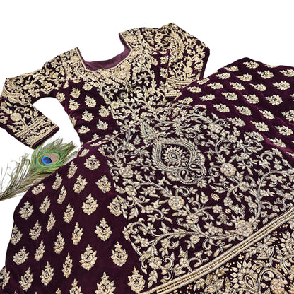 Maroon Velvet Anarkali Gown Vintage Bollywood Dress Zardozi Embroidered Floor Length Ethnic Party Wear Wedding Outfit