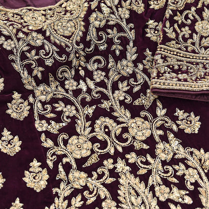 Maroon Velvet Anarkali Gown Vintage Bollywood Dress Zardozi Embroidered Floor Length Ethnic Party Wear Wedding Outfit