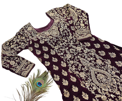 Maroon Velvet Anarkali Gown Vintage Bollywood Dress Zardozi Embroidered Floor Length Ethnic Party Wear Wedding Outfit