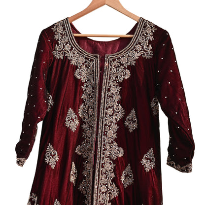 Maroon Velvet Indo-Western Kurti Dress Vintage Bollywood Dress Zardozi Embroidered Floor Length Ethnic Party Wear Wedding Outfit