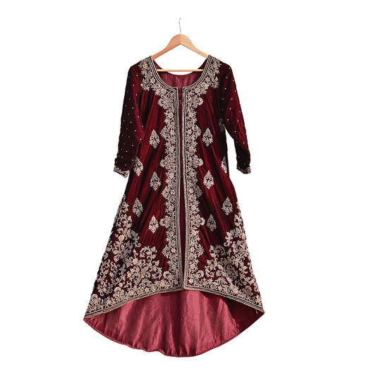 Maroon Velvet Indo-Western Kurti Dress Vintage Bollywood Dress Zardozi Embroidered Floor Length Ethnic Party Wear Wedding Outfit