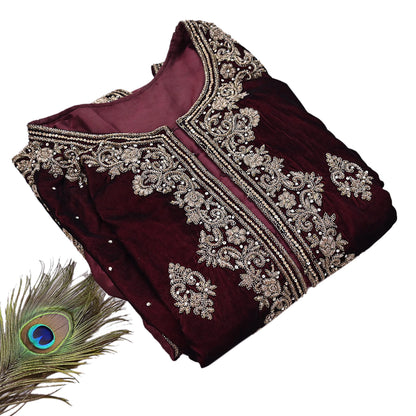 Maroon Velvet Indo-Western Kurti Dress Vintage Bollywood Dress Zardozi Embroidered Floor Length Ethnic Party Wear Wedding Outfit