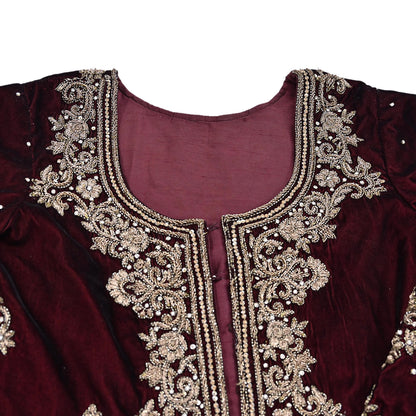 Maroon Velvet Indo-Western Kurti Dress Vintage Bollywood Dress Zardozi Embroidered Floor Length Ethnic Party Wear Wedding Outfit