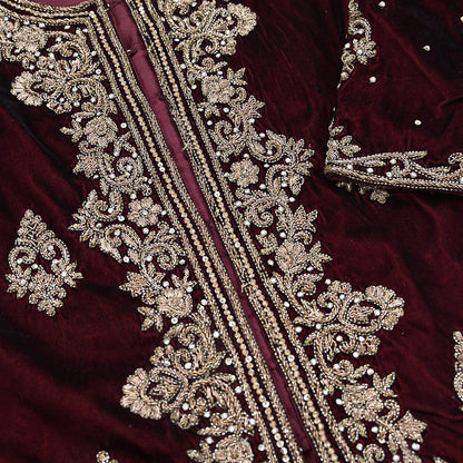 Maroon Velvet Indo-Western Kurti Dress Vintage Bollywood Dress Zardozi Embroidered Floor Length Ethnic Party Wear Wedding Outfit