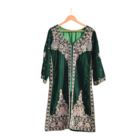 Green Velvet Straight Kurta Vintage Bollywood Dress Zardozi Embroidered Floor Length Ethnic Party Wear Wedding Outfit