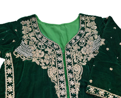 Green Velvet Straight Kurta Vintage Bollywood Dress Zardozi Embroidered Floor Length Ethnic Party Wear Wedding Outfit