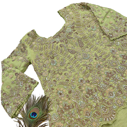 Vintage Green Organza Silk Anarkali Kurti Dress, Hand Embroidered Bollywood Ethnic Indian Festive Wear, Designer Kurta