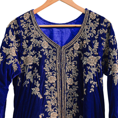 Royal Blue Velvet Anarkali Gown Vintage Bollywood Dress hand Zardozi Embroidered Floor Length Ethnic Party Wear Wedding Outfit
