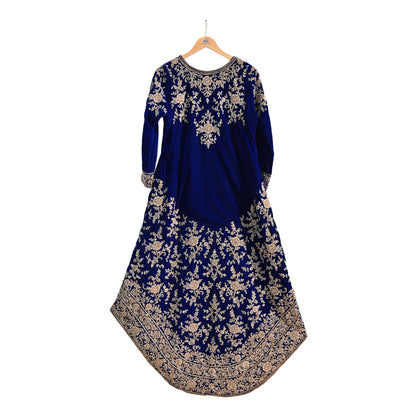 Royal Blue Velvet Anarkali Gown Vintage Bollywood Dress hand Zardozi Embroidered Floor Length Ethnic Party Wear Wedding Outfit