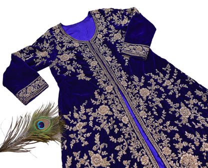 Royal Blue Velvet Anarkali Gown Vintage Bollywood Dress hand Zardozi Embroidered Floor Length Ethnic Party Wear Wedding Outfit