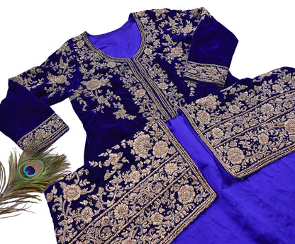 Royal Blue Velvet Anarkali Gown Vintage Bollywood Dress hand Zardozi Embroidered Floor Length Ethnic Party Wear Wedding Outfit
