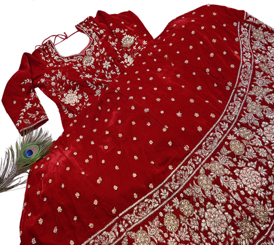 Red Velvet Anarkali Gown Vintage Bollywood Dress Zardozi hand Embroidered Floor Length Ethnic Party Wear Wedding Outfit