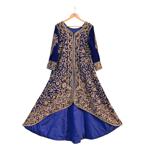 Royal Blue Velvet Anarkali style Gown Vintage Bollywood Dress hand Zardozi Embroidered Floor Length Ethnic Party Wear Wedding Outfit
