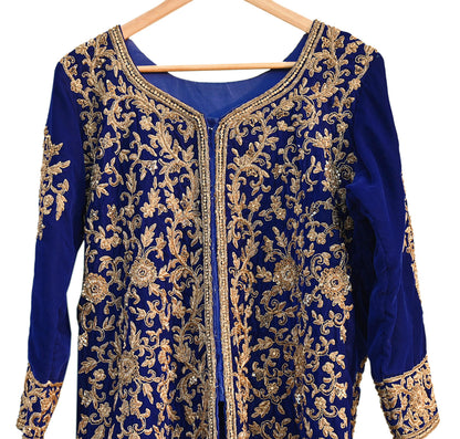 Royal Blue Velvet Anarkali style Gown Vintage Bollywood Dress hand Zardozi Embroidered Floor Length Ethnic Party Wear Wedding Outfit