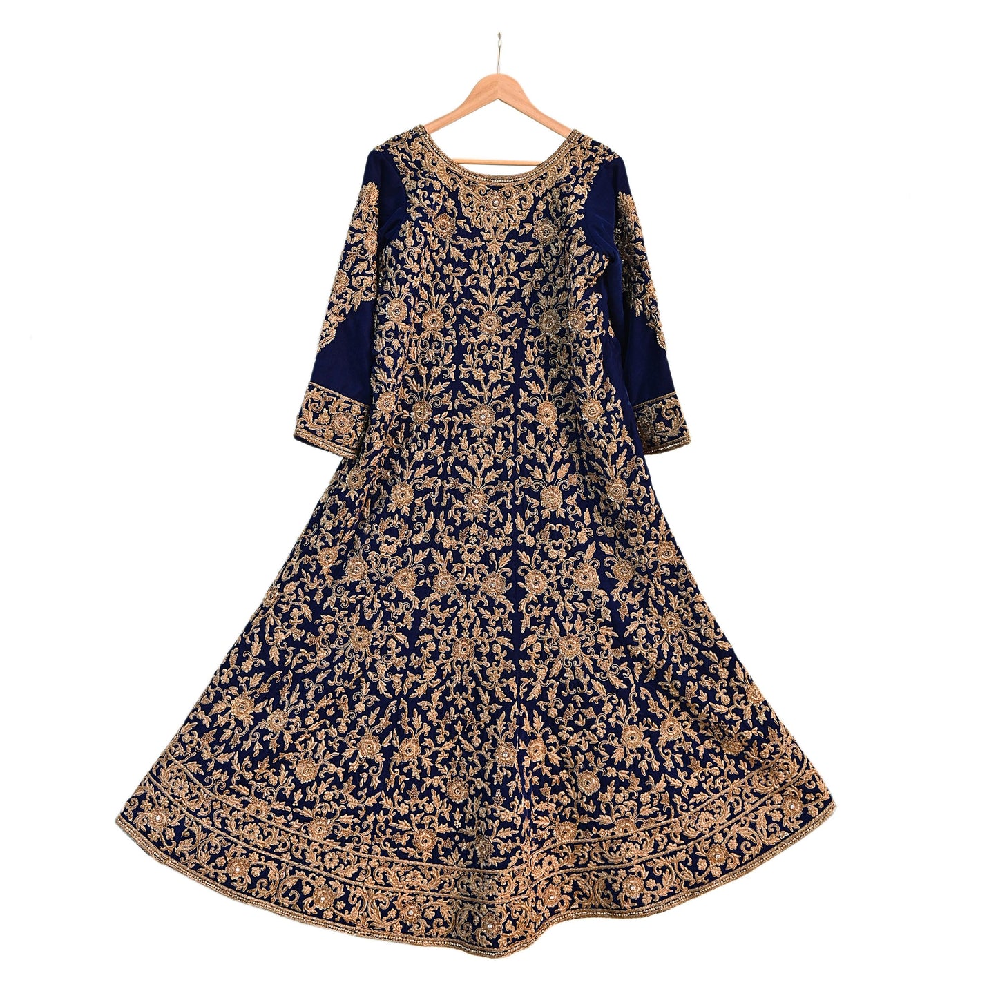 Royal Blue Velvet Anarkali style Gown Vintage Bollywood Dress hand Zardozi Embroidered Floor Length Ethnic Party Wear Wedding Outfit