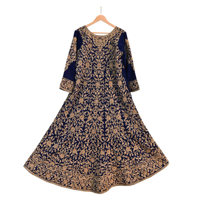 Royal Blue Velvet Anarkali style Gown Vintage Bollywood Dress hand Zardozi Embroidered Floor Length Ethnic Party Wear Wedding Outfit