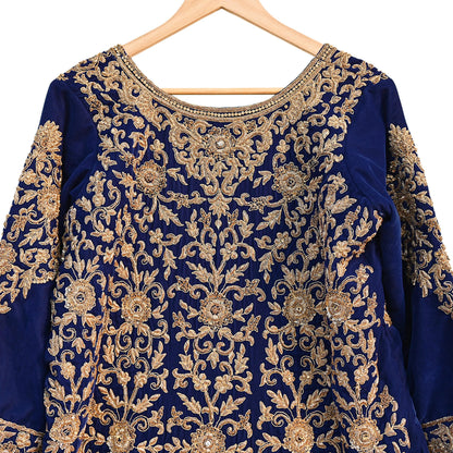 Royal Blue Velvet Anarkali style Gown Vintage Bollywood Dress hand Zardozi Embroidered Floor Length Ethnic Party Wear Wedding Outfit