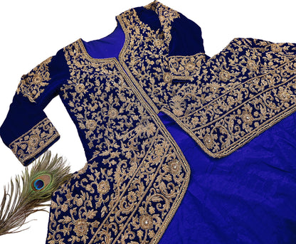 Royal Blue Velvet Anarkali style Gown Vintage Bollywood Dress hand Zardozi Embroidered Floor Length Ethnic Party Wear Wedding Outfit