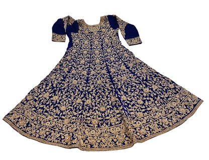 Royal Blue Velvet Anarkali style Gown Vintage Bollywood Dress hand Zardozi Embroidered Floor Length Ethnic Party Wear Wedding Outfit