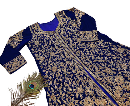 Royal Blue Velvet Anarkali style Gown Vintage Bollywood Dress hand Zardozi Embroidered Floor Length Ethnic Party Wear Wedding Outfit