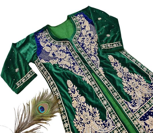 Green Velvet Straight Kurta Vintage Bollywood Dress Zardozi Embroidered Floor Length Ethnic Party Wear Wedding Outfit