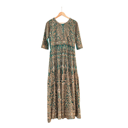 Green Net Anarkali style Gown Vintage Bollywood Dress Zardozi hand Embroidered Floor Length Ethnic Party Wear Wedding Outfit