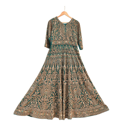 Green Net Anarkali style Gown Vintage Bollywood Dress Zardozi hand Embroidered Floor Length Ethnic Party Wear Wedding Outfit